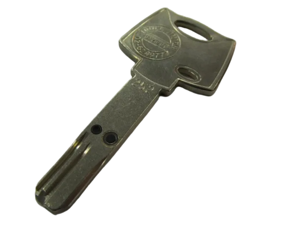 Metal key on a light gray background with a timestamp in the corner.