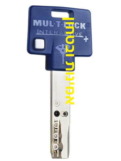 Blue lock pick tool with a silver blade on a white background