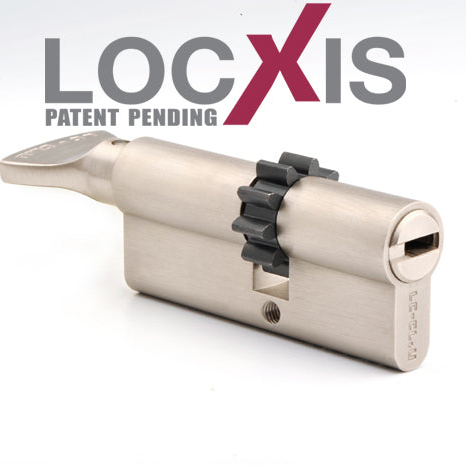 Lock cylinder with 'Locxis' branding and 'Patent Pending' text on a white background