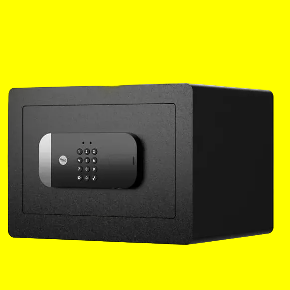 Black safe box with digital keypad on a white background