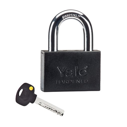 Black Yale padlock with key on a white background