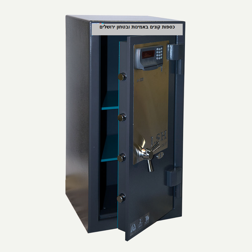 Black safe with open door on a white background