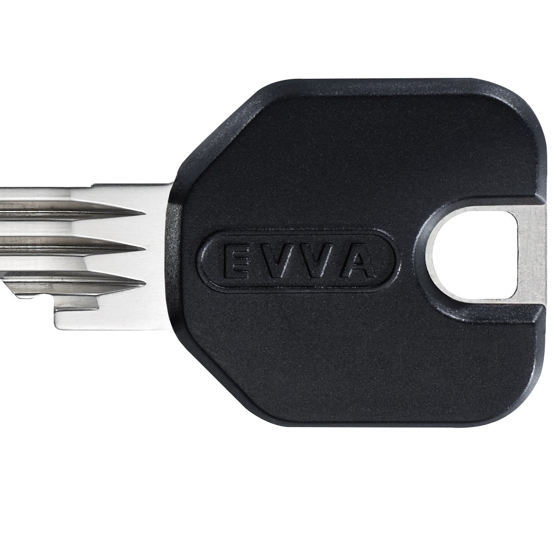 Key with black head and silver blade on a white background