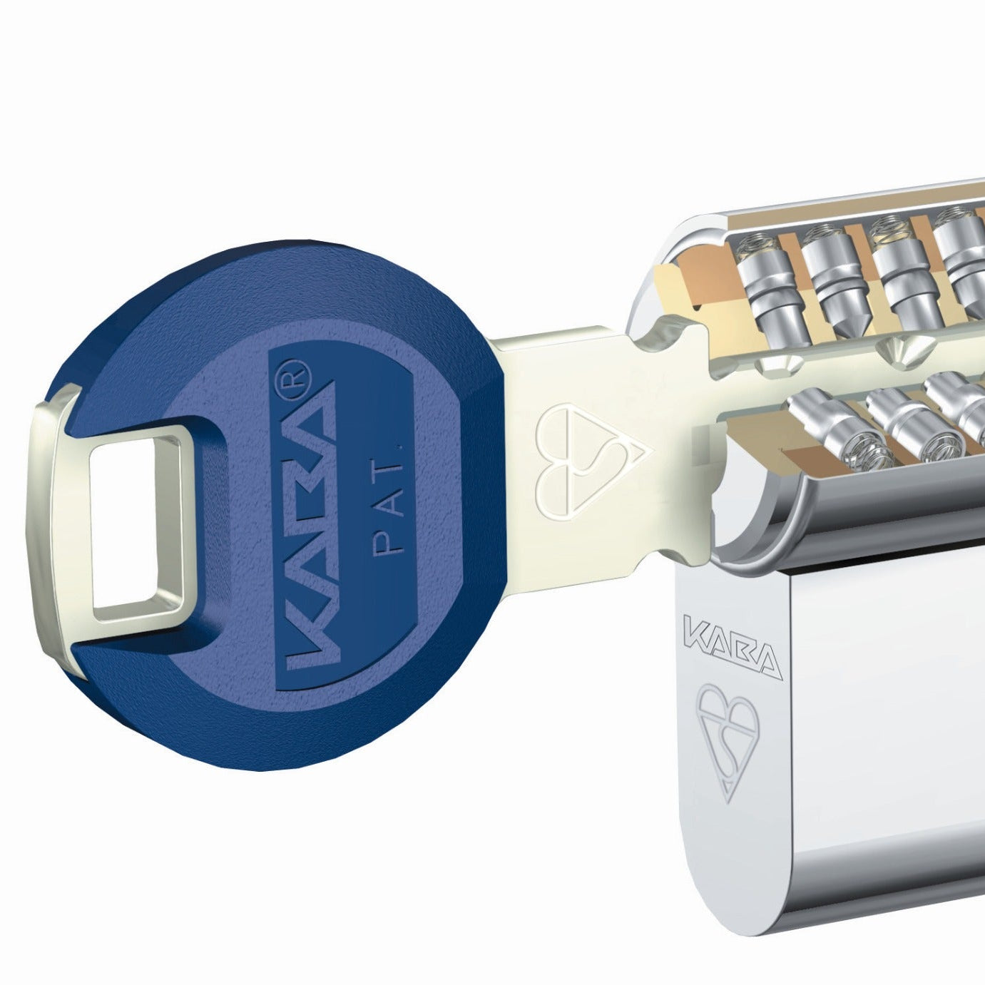 Metallic cylindrical lock with a key and Kaba brand logo on a white background