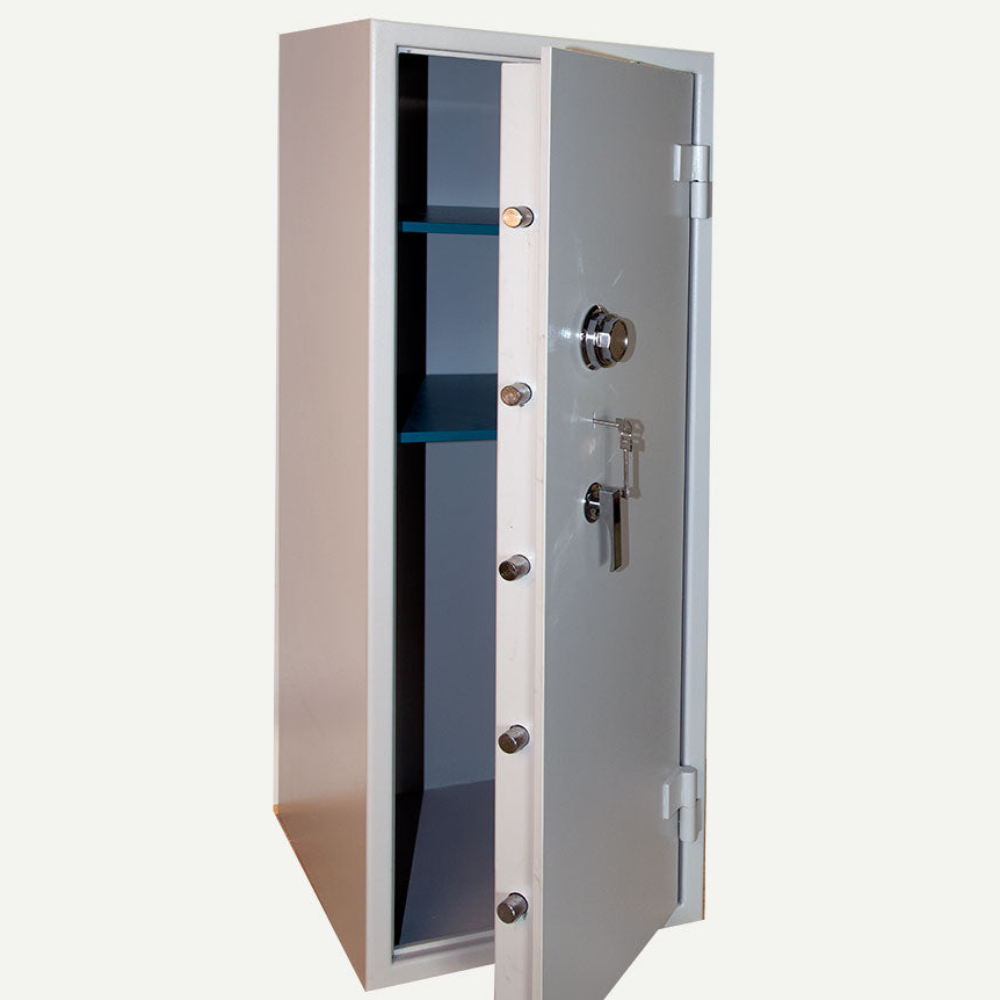 Metallic safe with open door on a white background