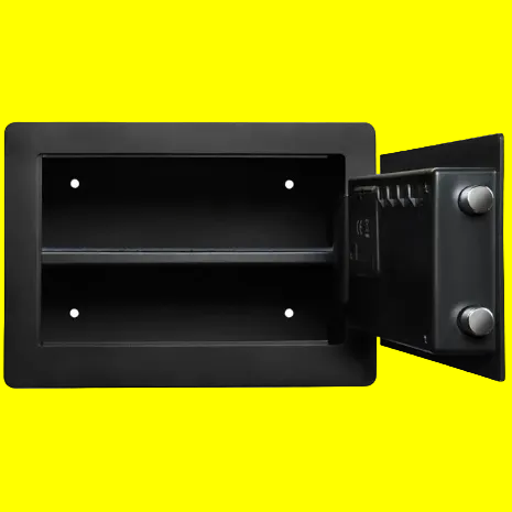Black safe with open door on a white background