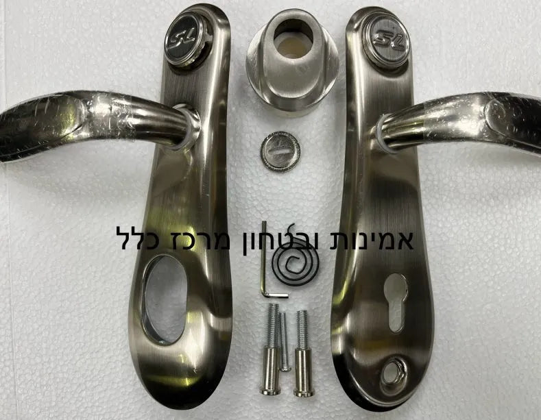 Metal door handles and their components on a white background