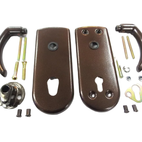 Set of brown door handles and hardware components on a white background