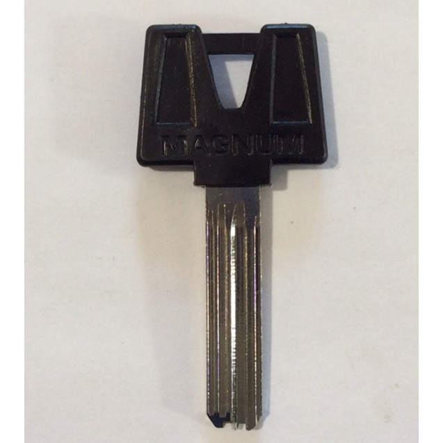 Key blade with a black plastic head on a white background