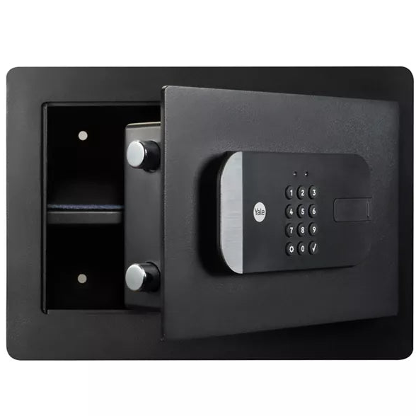 Black wall-mounted safe with digital keypad on a white background